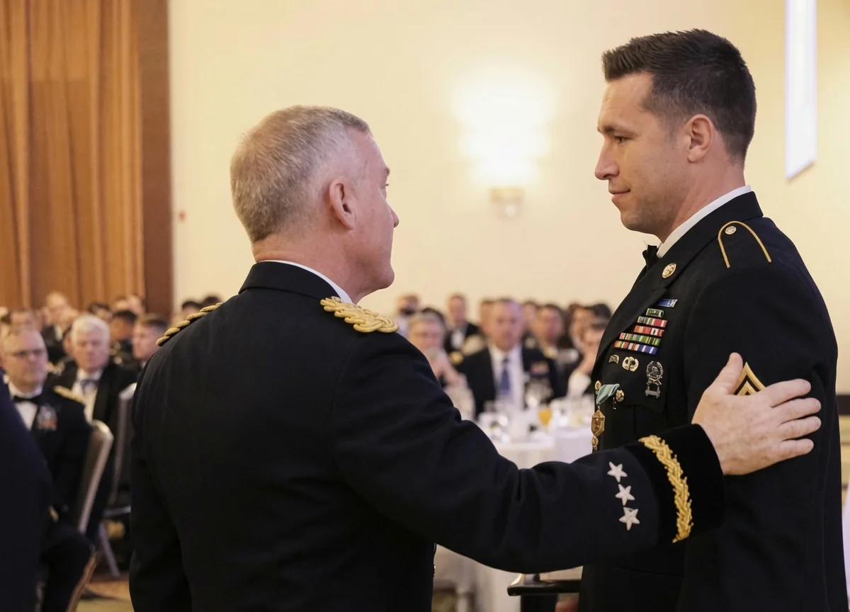 The founder, in US Army dress uniform, being recognized by a US Army Special Operations Command general at an award ceremony.